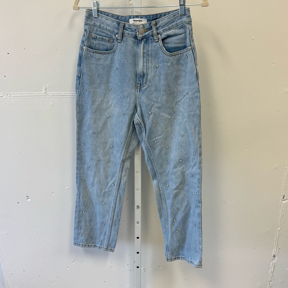 Showpo. Rhinestone High Waist Mom Denim Jeans Medium Wash Sz 4